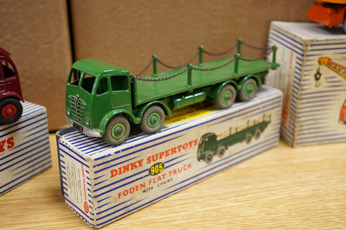Three boxed Dinky Toys and Supertoys; a Foden FG with chains in green (905), Horse Box in BR livery (981), and a 20-ton Lorry-Mounted Coles Crane (972)